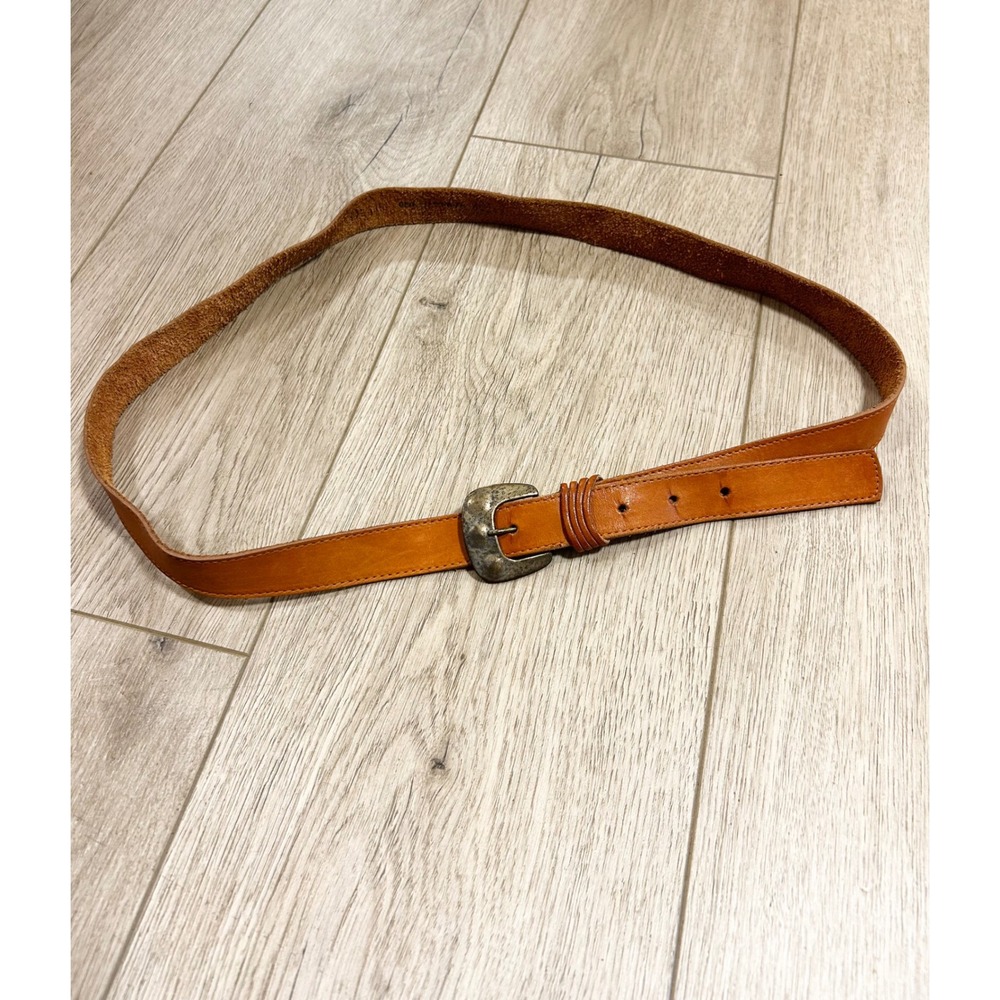 Vintage Tan Genuine Leather Belt Brass Distressed Buckle Made in Italy 40/42